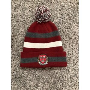 Harvard University Veri Tas Crest Striped Pom Beanie Hat Burgundy Grey White